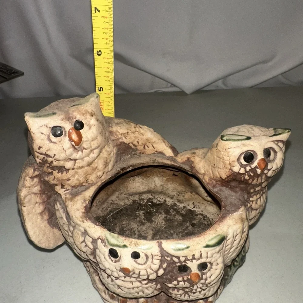Vintage 70s Ceramic Owl Family Planter Mat Bisque Boho Decor
